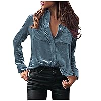 Velvet Shirt for Women Button Down Solid V Neck Shirts Jacket Casual Dressy Long Sleeve Lapel Blouse Top with Dual Pocket