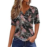 Womens Tops Dressy Casual T Shirt Tee Print Button Short Sleeve Daily Weekend Fashion Basic V- Neck Regular Top