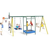 Swing Sets for Backyard, 5-in-1 Outdoor Swing Set, 660 lbs Heavy Duty Extra Large Metal Kids Swing Sets with Trampoline, Platform Swing, 2 Swings and Basketball Hoop