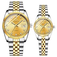 Jusqarven Luxury Couple Watch Rhinestone for Him and Her Pair Watch Set Stainless Steel Wrist Watch with Calendar Luminous Hands