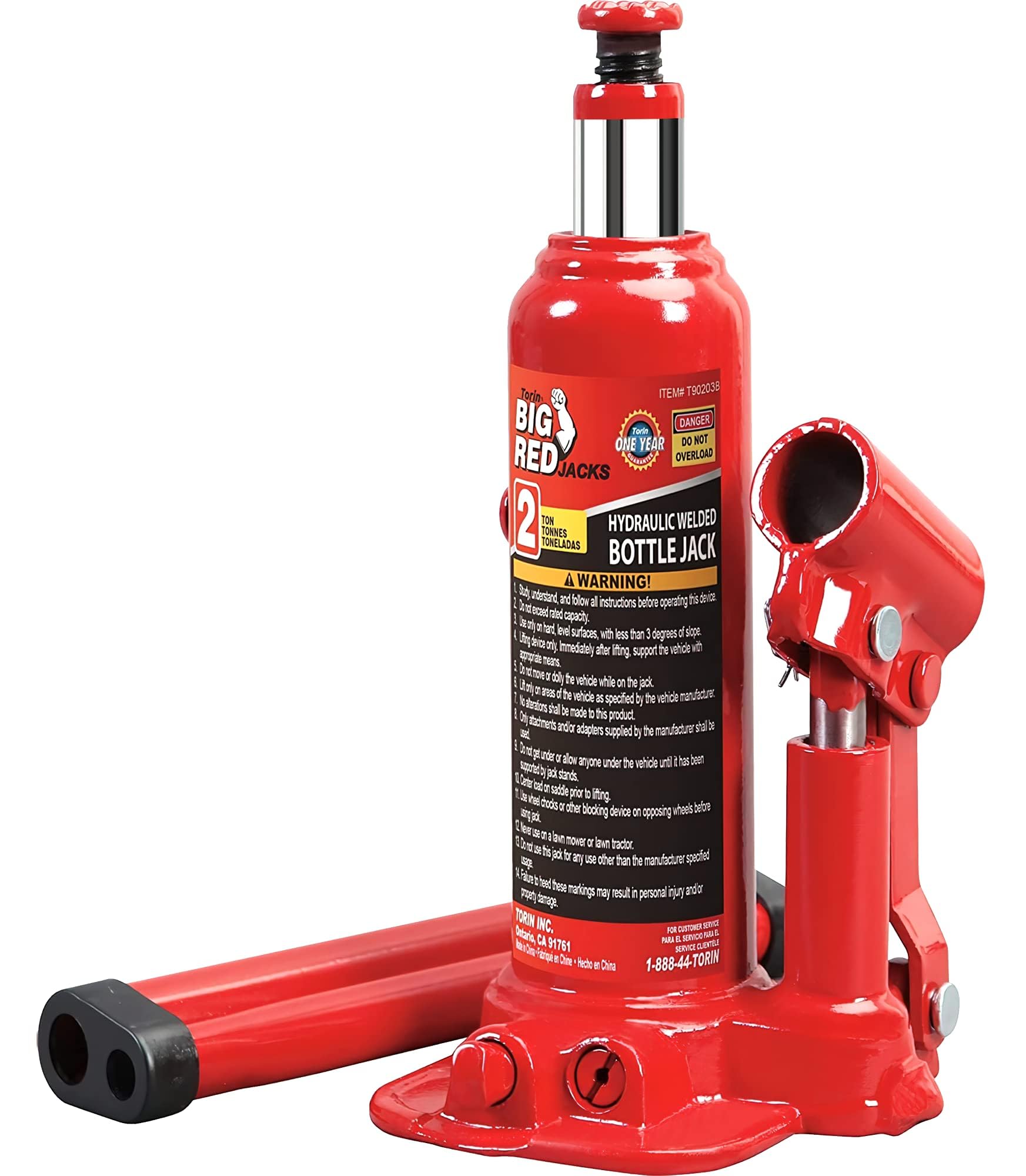 BIG RED T90203B-1 Torin Hydraulic Welded Bottle Jack, 2 Ton (4,000 lb.) Capacity, Red