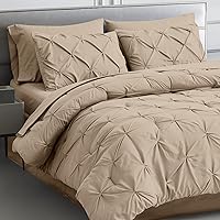 Maple&Stone Queen Comforter Set - 7 Pieces Pintuck Bed in A Bag Queen - Comforters Queen Size - Comforter Set with Sheets, Comforter, Flat Sheet, Fitted Sheet and Pillowcases & Shams, Beige