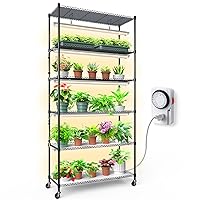 Barrina Plant Stand with Grow Lights, 3FT T8 Full Spectrum 150W Yellow LED Plant Lights 5 Packs, Indoor Plant Shelf for Multiple Plants with On/Off Timer Socket, 6-Tier 35.4