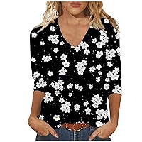 Womens 3/4 Sleeve Summer Ethnic Floral Print Tee Tops Casual V Neck Loose Fit Shirts Fashion Boho Beach Tunic Blouse