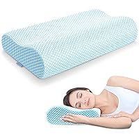 Memory Foam Pillow, Neck Contour Cervical Orthopedic Pillow for Sleeping Side Back Stomach Sleeper, Ergonomic Bed Pillow for Neck Pain - Blue White, Firm