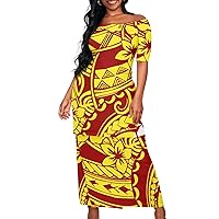 Womens Polynesian Puletasi Samoan Dress Short Sleeve One Shoulder Maxi Dress 2 Piece Outfit