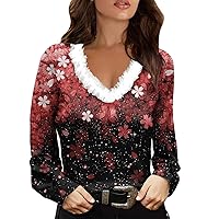 Long Sleeve Shirts for Women Sexy Faux Fur V Neck Plus Size Floral Print Sequin Tops Fashion Glitter Tshirts Blouse