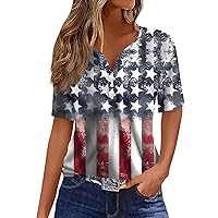 Funny 4Th of July Shirts,Women's Casual V-Neck Short Sleeved Independence Print Button Up T-Shirt Top