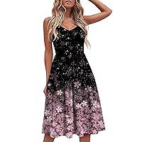 Women Sleeveless Summer 2023 Scoop Neck Pleated Hem Bohemian Floral Fit & Flare Long Dresses with Pockets