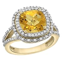PIERA 14K Yellow Gold Natural Whisky Quartz Ring Cushion 8x8 mm with Diamond Accents, sizes 5-10