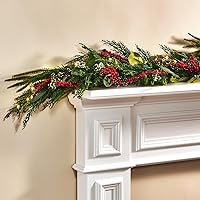 LampLust Garland with Lights - 6 FT Evergreen Garland with Red Berry and Eucalyptus, 100 LED Lights, Battery Powered Greenery Garland for Mantle, Farmhouse Home Decorations