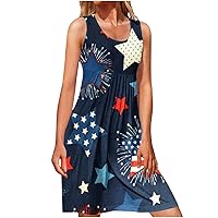 Womens Summer Tie Dye Stars Stripes High Waist Tank Dresses 4th of July Patriotic Sleeveless Flowy Tunic Knee Dress