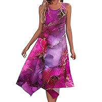 Midi Sundresses for Women, Summer Trendy Printed Round Neck Beach Dress, Elegant Sleeveless Casual Vacation Dress
