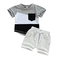 fhutpw Baby Toddler Boy Clothes Summer Outfits 6 12 18 24 Months Patchwork Short Sleeve T Shirt & Shorts Sets with Pockets