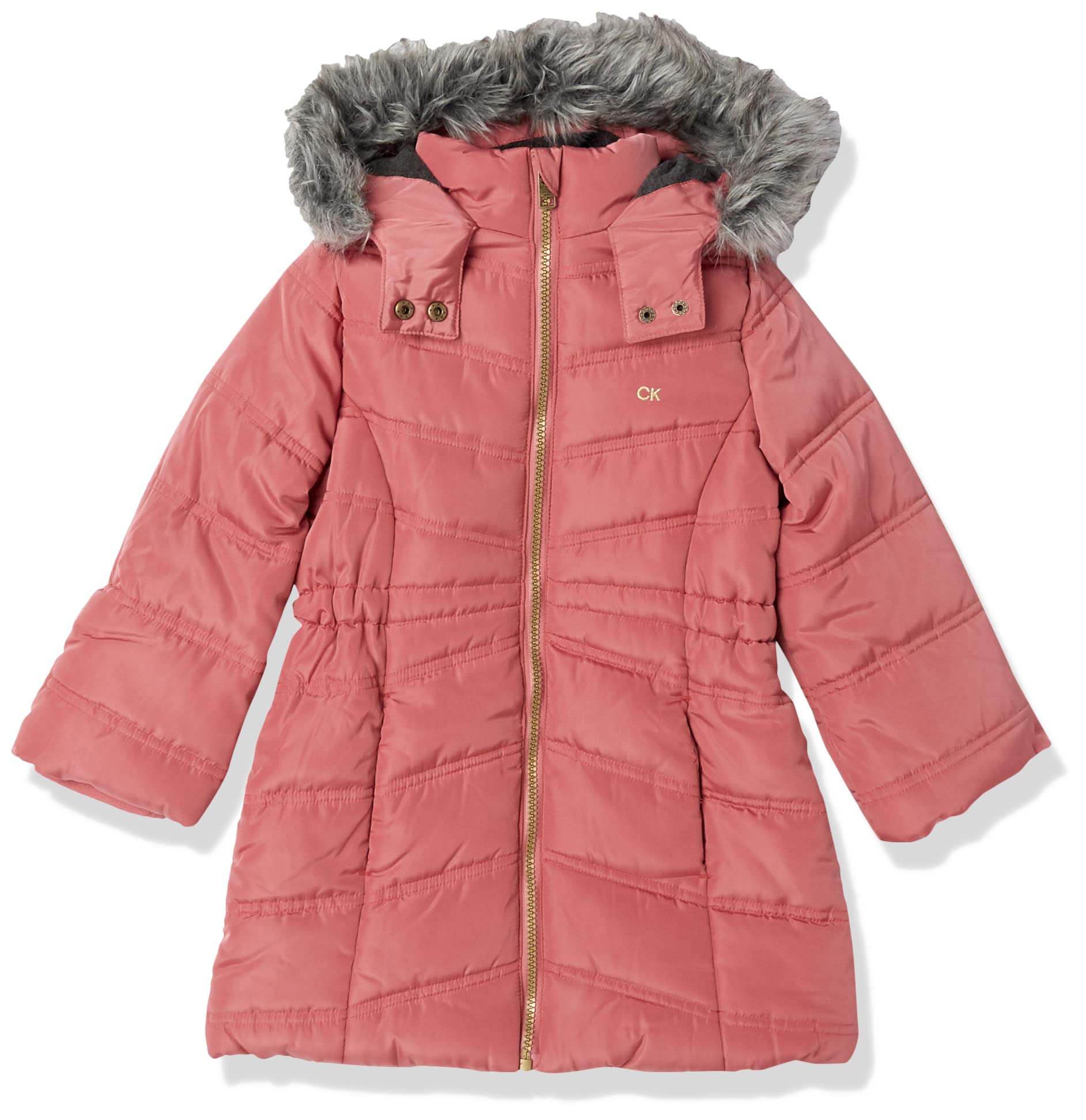 Calvin Klein Girls' Long Length Hooded Puffer Jacket with Fleece Lining