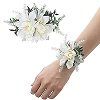 Wrist Corsage Flower Comb Set - PartyforU Wristlet Bracelet Floral Comb Kit Flower Wristband Corsage for Prom Bride Bridesmaids Wedding Bridal Shower Dinner Party Ceremony