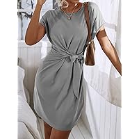 Fall Dresses for Women 2023 Knot Side Solid Batwing Sleeve Dress Dresses for Women (Color : Light Grey, Size : Large)