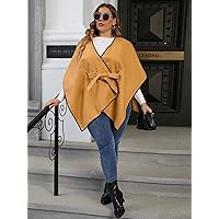 Women for Jackets - Plus Contrast Binding Asymmetrical Hem Belted Cape Overcoat (Color : Ginger, Size : XX-Large)
