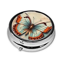 Cute Retro Rust Butterfly Printed Pill Organizer,Round Travel Pill Organizer Mini Medicine Pill Box for Purse Iron Plating