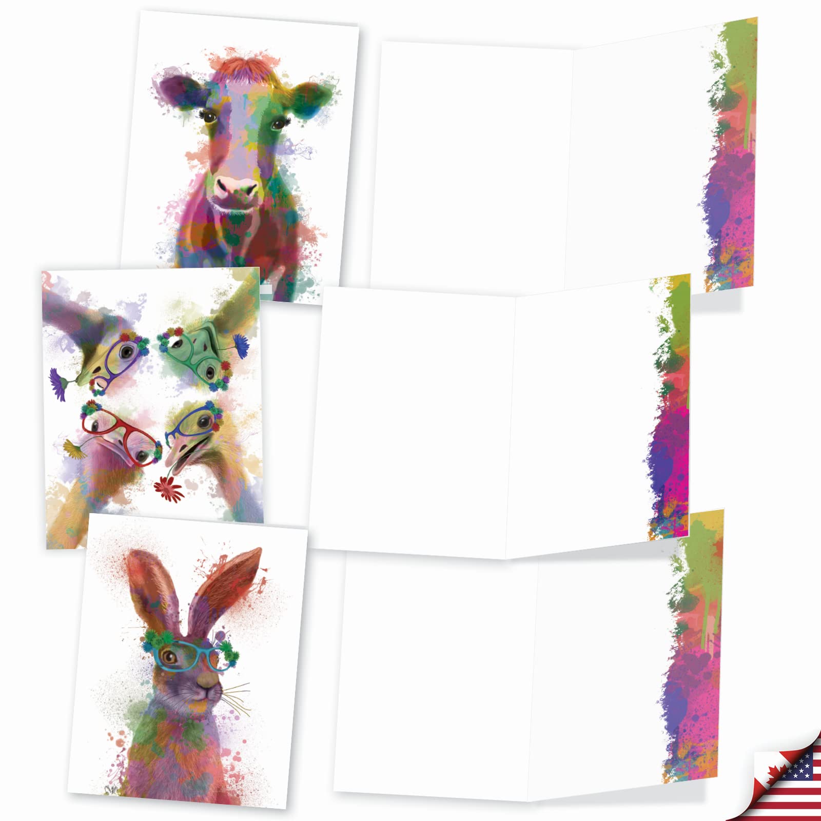 The Best Card Company Assorted Watercolor Blank Greeting Card Box Set - Incl. 10 Notecards + Envelopes, 10 Animal Designs for Thank You, Invitations, More - Funky Rainbow Wildlife M4948OCB-B1x10