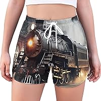 Colorful Steam Train Womens Running Shorts High Waisted Athletic Gym Shorts with Pockets for Women
