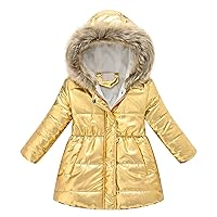 Girl's Faux Fur Hooded Down Jacket Flower Print Kids Toddler Winter Parka Outwear Warm Cotton Coat Hooded Jacket