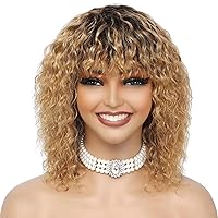 human wigs short water wave wig with bangs 100% human hair no lace front wigs ombre brown and blonde highlight T4/27 wet and wavy human wig glueless wig for black women 12 inch