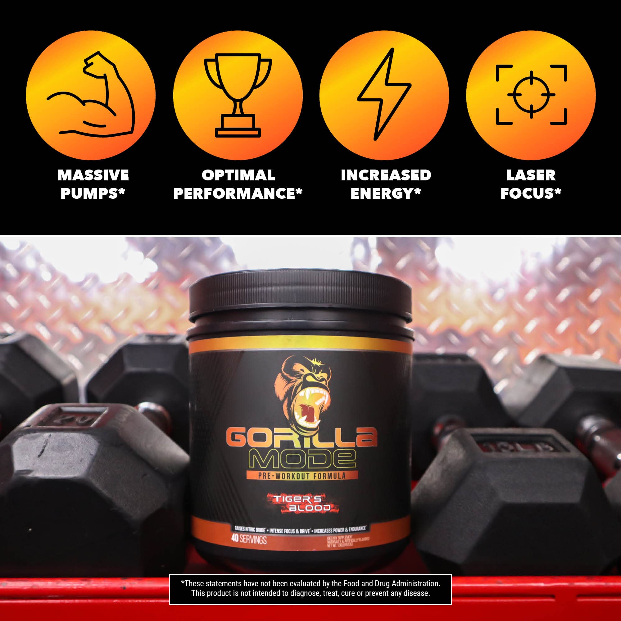 Gorilla Mode Pre Workout - Massive Pumps · Laser Focus · Energy · Power - L-Citrulline, Creatine, GlycerPump™, L-Tyrosine, Agmatine, Kanna, N-Phenethyl Dimethylamine Citrate - 590 Grams (Orange Krush)