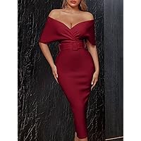 Women's Dress Surplice Neck Off Shoulder Backless Front Buckle Belted Cocktail Party Dress Dresses for Women (Color : Burgundy, Size : Small)