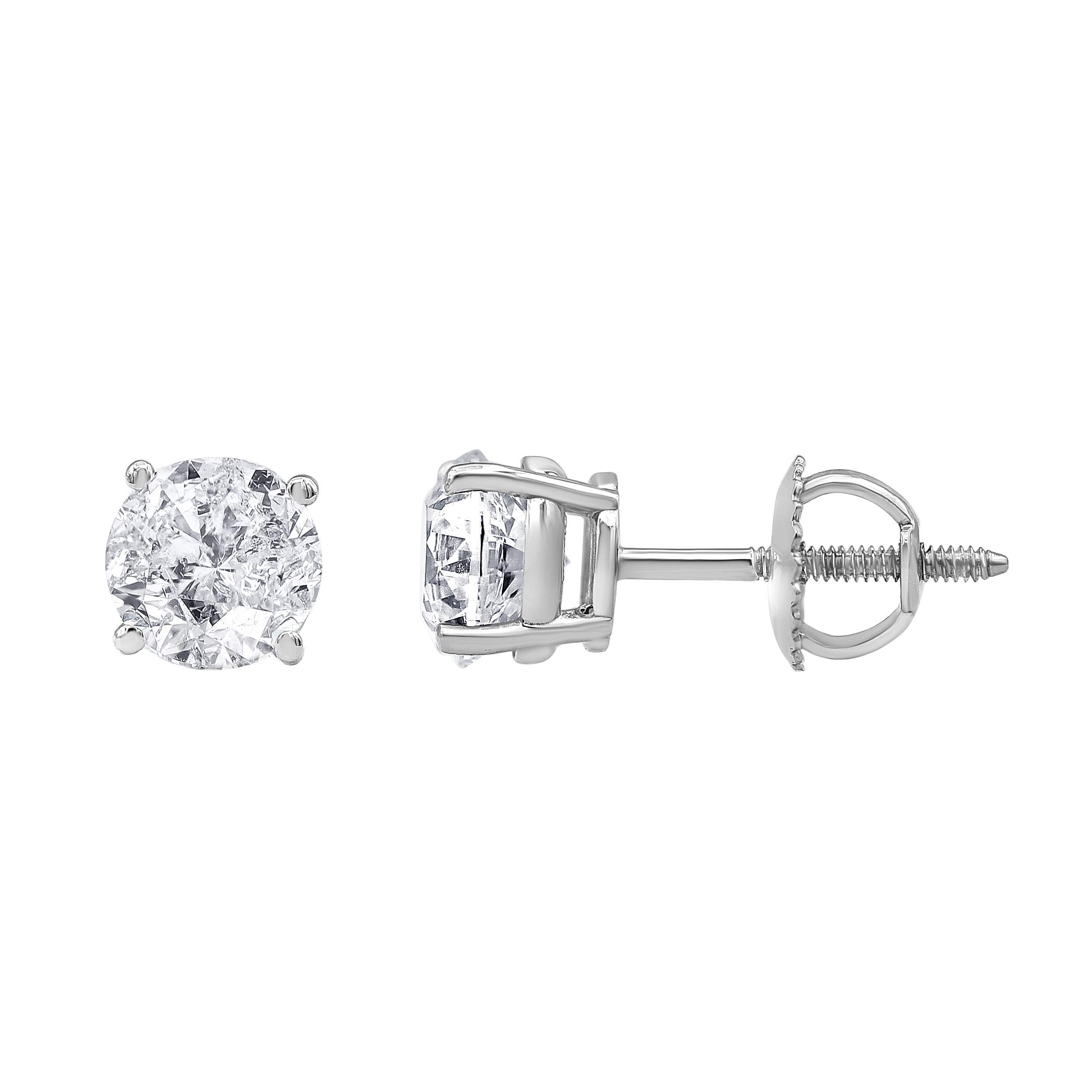 2.00 Carat Prong Set 14kt White Gold Round-Cut Solitaire Diamond Stud Earrings (J-K, I2-I3) by La4ve Diamonds | Real Diamond Stud Earrings For Women | Gift Box Included
