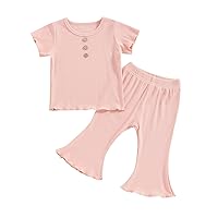 Toddler Baby Girl Flare Pants Outfit 2 Piece Ribbed Set Short Sleeve T-shirt + Bell Bottoms Lettuce Trim Clothes