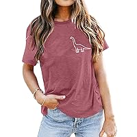 Women's Tshirts Shirts Casual Loose Dinosaur Printed T-Shirt Round Neck Pullover Short Sleeve Fashion 2023