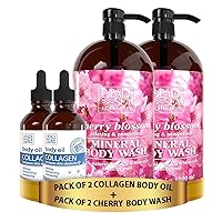 Body Oil for Dry Skin - Collagen & Vitamin E, A, D Pack of 2 (4 Fl.Oz Each) Cherry Body Wash Pack of 2 (67.6 fl. oz)
