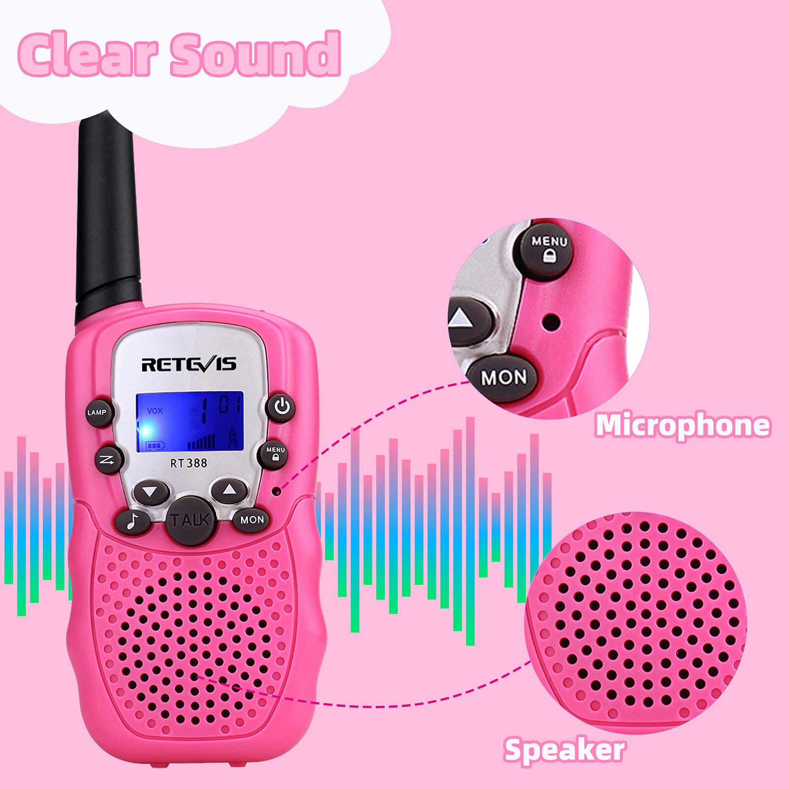 Retevis RT388 Walkie Talkies for Kids,Pink Kids Gifts for Girls Bundle with RT38 Mini Long Range 2 Way Radio,VOX Handsfree Kids Toys for Family Outdoor Camping Trip Hiking (4 Pack)