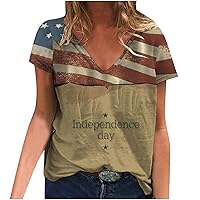 4th of July Patriotic Shirts for Women American Flag Shirt Vintage Tees Summer Short Sleeve V Neck Loose Fit Blouse