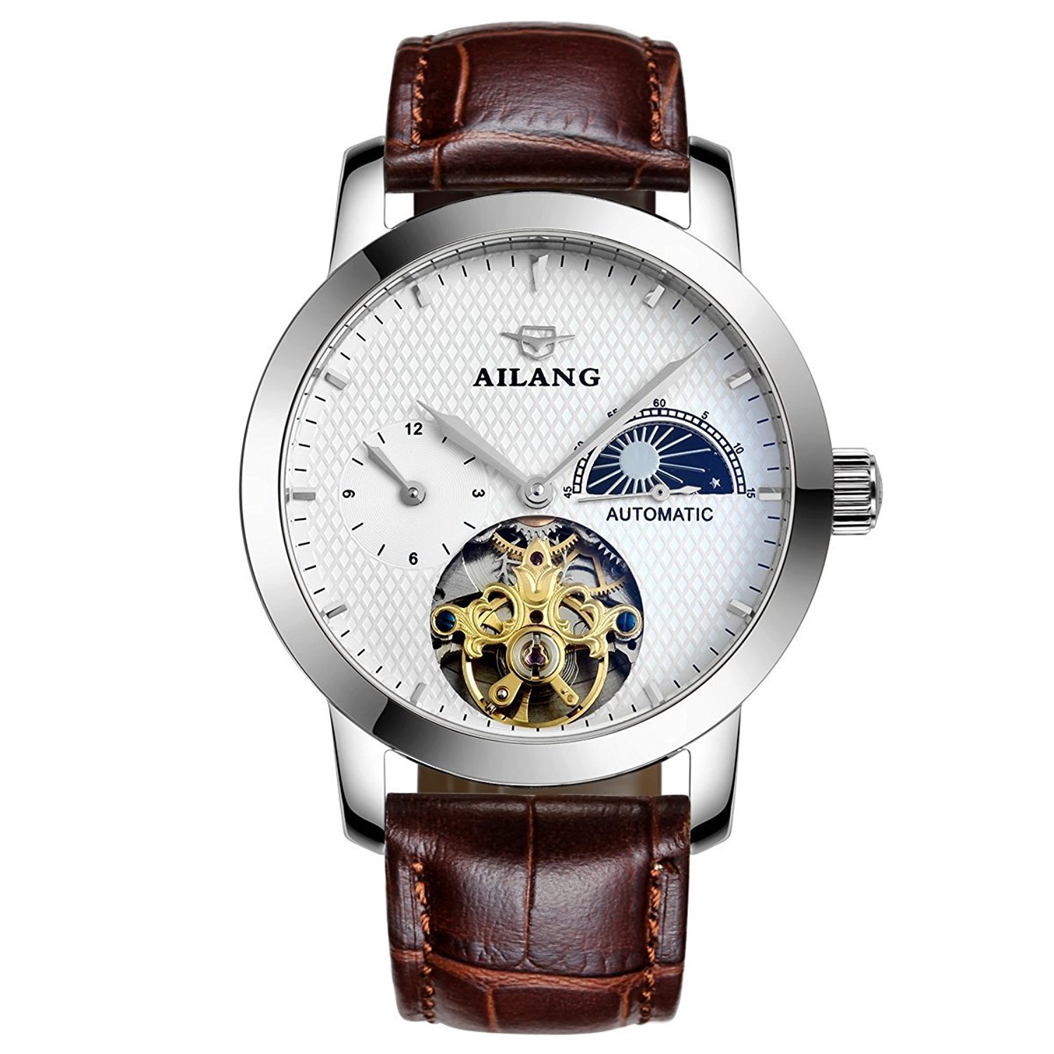 Ailang WhatsWatch Waterproof Men's Silver Moon Phase White Dial Brown Leather Strap Automatic Wrist Watch -330