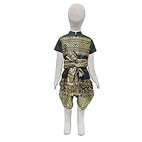 Black And Gold Kids Traditional Thai Lao Khmer Outfits Short Sleeves Shirt And Trousers Pants With Sash For Age 1-12 Years Old Boys Size SS-4XL (M)