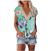 Summer Guipure Lace V Neck Fashion T-Shirts for Women Butterfly Print Cap Sleeve Casual Loose Fit Tee Tops for Daily