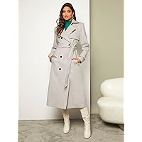 Coat For Women - Double Breasted Slant Pockets Belted Overcoat