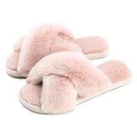 Cozyfurry Womens Cross Band Slippers Cozy Furry Fuzzy House Slippers Open Toe Fluffy Indoor Shoes Outdoor Slip on Warm Breathable Anti-skid Sole