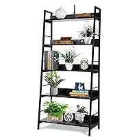 5 Tier Ladder Shelf, Industrial Bookshelf Wood and Metal Bookcase, Plant Flower Stand Rack Book Rack Storage Shelves for Home Decor