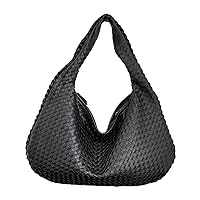 Leather Women's Shoulder Handbags Woven Bag Woven Purse Crescent Bag Woven Handbag Tote Bag for Women (Black)