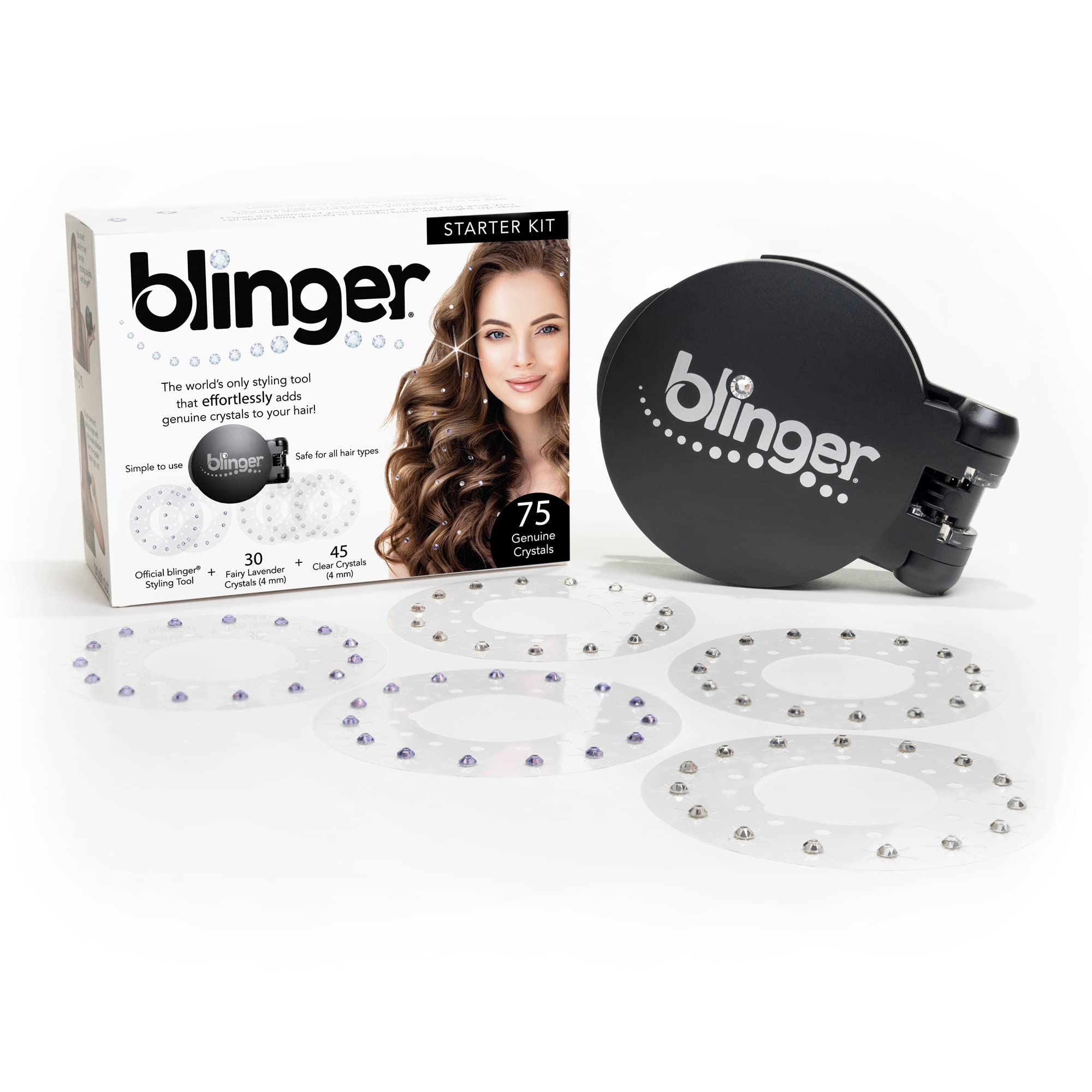 blinger Starter Kit | Women's Hair Styling Tool + 75 Precision-Cut Glass Crystals | Bling Hair in Seconds! Bedazzling Multi-Faceted Gems | Hair-Safe – Bling In Brush Out | By Blinger Kids Inventor