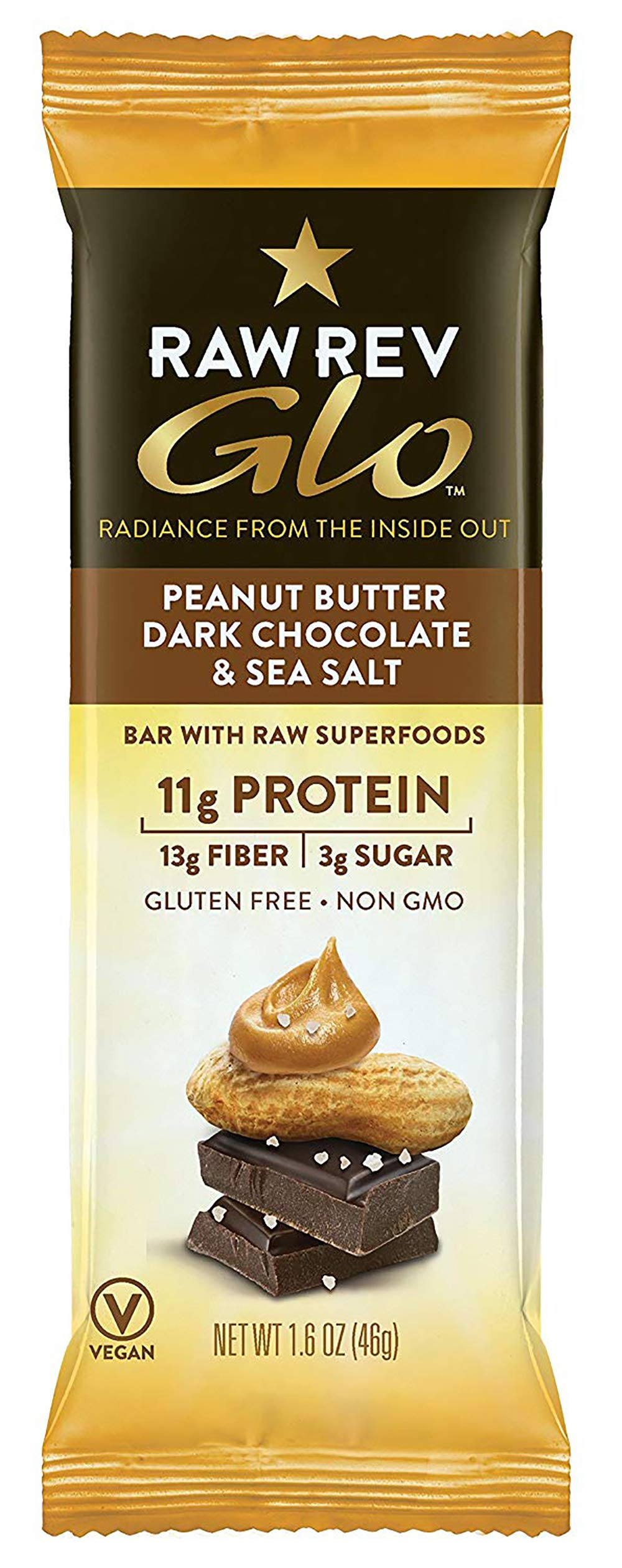Raw Rev Glo Vegan Protein Bars, Peanut Butter Dark Chocolate & Sea Salt, 1.6 Ounce Bar (Pack of 144)