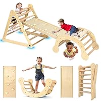 YOLEO Pikler Triangle Set, Foldable 7-in-1 Montessori Climbing Set Fun Baby Pickler-3 Piece Climbing Jungle Gym and Indoor Playground Climbing Toys for Toddlers 1-3 Inside (Natural, Advanced Version)