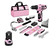 WORKPRO 12V Pink Cordless Drill and Home Tool Kit, 61 Pieces Hand Tool for DIY, Home Maintenance, 14-inch Storage Bag Included and Spare Battery for Replacement