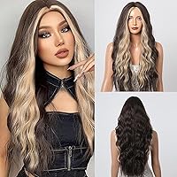 Allbell Long Brown Mixed Blonde Wavy Wig for Women Middle Part 26 Inch Curly Wigs Natural Looking Synthetic Heat Resistant Fiber Wig for Daily Party Use(Brown Mixed Blonde)