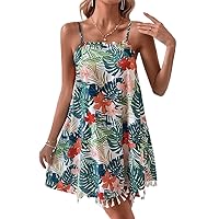 Dresses for Women 2023 Sundresses for Women Tropical Print Tassel Trim Cami Dress, Short Camisole Dress (Color : Multicolor, Size : Large)