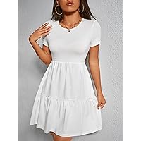 Women's Casual Ladies Comfort Dresses Round Neck Ruffle Hem Dress Leisure Perfect Comfortable Eye-catching (Color : White, Size : XX-Small)