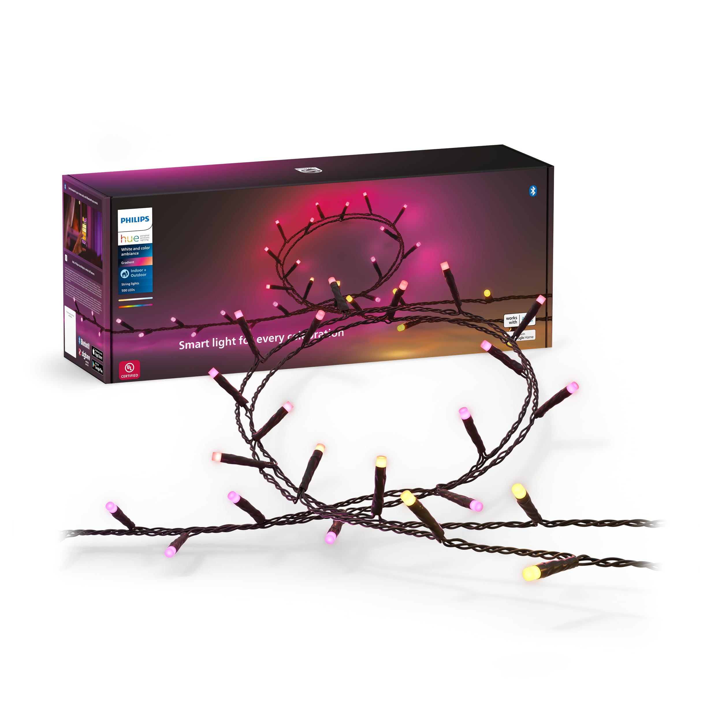 Philips Hue Christmas Festavia 130 Foot String Lights - 500 Mini White and Color Changing Smart LEDs - Waterproof - Year Round Indoor/Outdoor Decoration - Sync with Music - Works with Voice, Matter